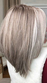 Marcie @wig.obsessed wearing UNDERCUT BOB by TRESSALLURE in color 52/38/49/R8 | 3 Tones of Grey blended with Dark Brown Roots
