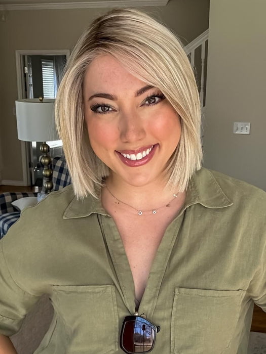 Jen wearing SANTA MONICA by BELLETRESS in CRUSHED ALMOND BLONDE R | A soft Neutral Light Blonde with a Light and Medium Blended Root Color.