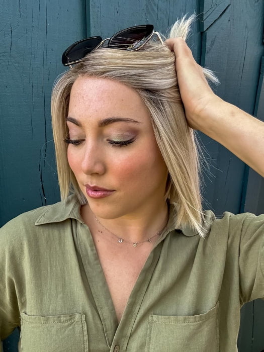 Jen wearing SANTA MONICA by BELLETRESS in CRUSHED ALMOND BLONDE R | A soft Neutral Light Blonde with a Light and Medium Blended Root Color.
