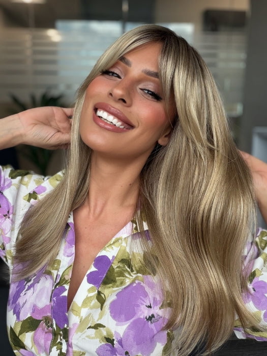 Roxie is wearing CAMILLA by JON RENAU in 12FS8 SHADED PRALINE | Light Gold Brown, Light Natural Gold Blonde & Pale Natural Gold-Blonde Blend, Shaded with Medium Brown