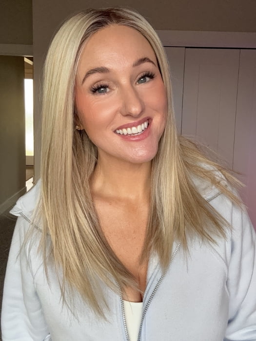 Carly wearing SLEEK by ELLEN WILLE in PEARL BLONDE ROOTED 101.20.25 | Pearl Platinum Blended with Light Strawberry Blonde and Lightest Golden Blonde with Shaded Roots