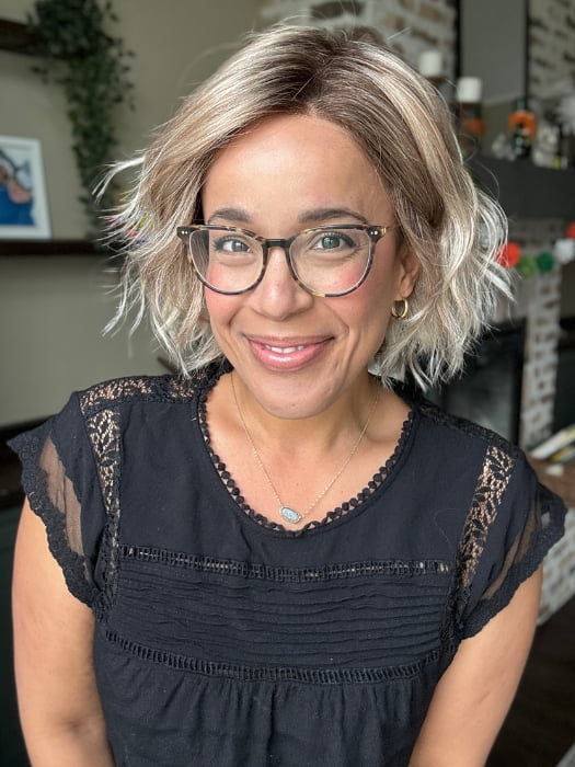 Brea is wearing DANCE by ELLEN WILLE in CANDY BLONDE TIPPED 101.27.60 | Pearl platinum blonde mixed with light reddish brown and pure white