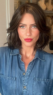 Madeline wearing ISSEY by BELLETRESS in COOLEST DARK BROWN R | A Rich A combination of Light Ash Brown, Cool Medium Brown and a hint of Dark Blonde