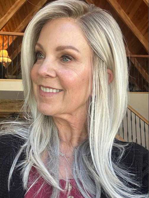 Susan Sparks @an_affair_with_hair wearing MUSIC by ELLEN WILLE in METALLIC BLONDE ROOTED 60.101.51 | Pearl White, Pearl Platinum with Dark and Lightest Brown and Grey Blend with Shaded Roots
