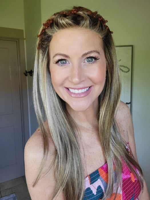 Natalie wearing ZARA PETITE by JON RENAU in 24BT18S8 SHADED MOCHA | Medium Natural Ash Blonde & Light Natural Gold Blonde Blend, Shaded with Medium Brown