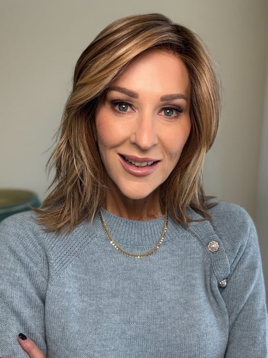 Eileen wearing FLOW by ELLEN WILLE in LIGHT BERNSTEIN ROOTED | Lightest Brown, Light Golden Blonde, and Dark Strawberry Blonde Blend with Shaded Roots