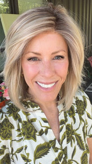 Shannon wearing PARK AVE by BELLETRESS in MILKSHAKE BLONDE R | A mixture of Light Sandy Brown, Highlighted with Light Ash Blonde with a Hint of Light Platinum Blonde with a Medium Root Color