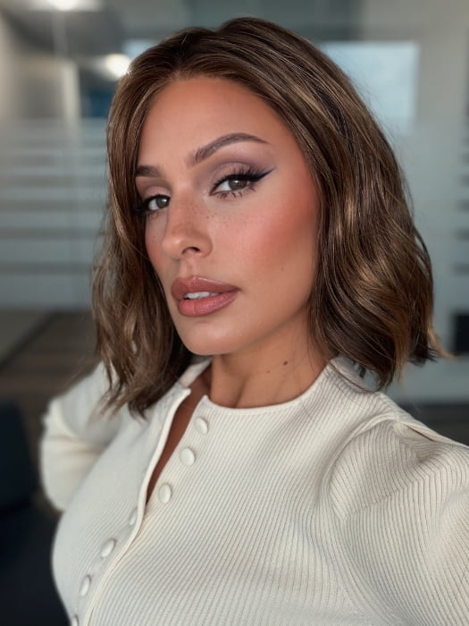 Roxie wearing CHARLOTTE HAND TIED by ENVY in AMARETTO CREAM | Dark Brown roots with overall Medium Brown base with Honey Blonde highlights