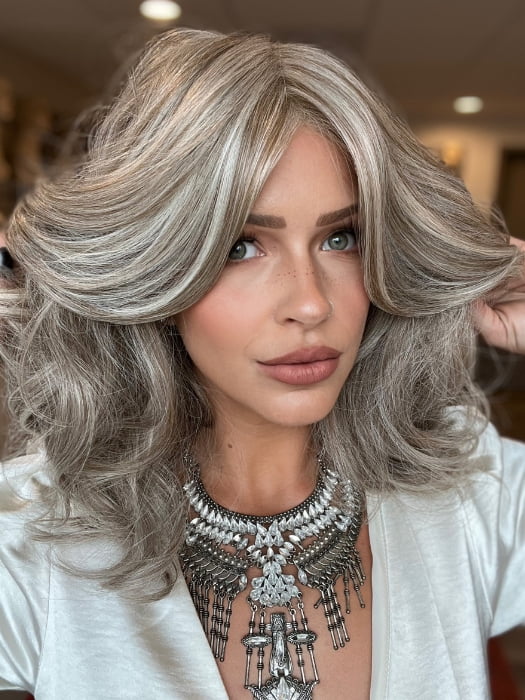 Madeline wearing AURORA by JON RENAU in Color 101F48T MARTINI | Soft White Front, Light Brown with 75% Grey Blend with Soft White Tips