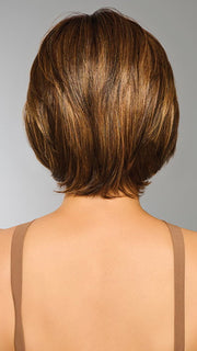 Model is wearing EFFORTLESS STYLE by RAQUEL WELCH in color RL8/29SS SHADED HAZELNUT | Warm Medium Brown Evenly Blended with Ginger Blonde with Dark Roots