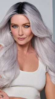 Model is wearing QUEUE THE HUE by RAQUEL WELCH in color   GRAY/LAVENDER