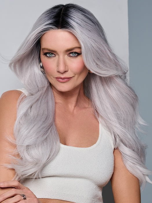 Model is wearing QUEUE THE HUE by RAQUEL WELCH in color   GRAY/LAVENDER