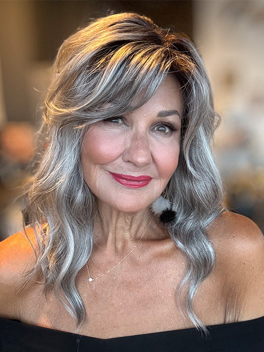 Ellen @aging.with.ellen is wearing RACHEL by JON RENAU in color FS36/56/60S4 STORM | Brown with 5% Pure White with Light Grey with 20% Medium Brown with Pure White Bold Highlights. Shaded with Dark Brown