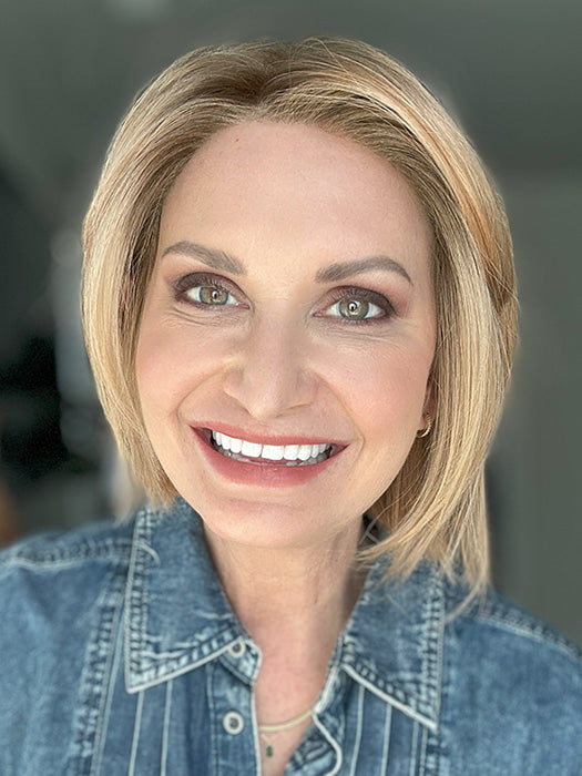 Emily H. @she_sheds_more wearing READY by ELLEN WILLE in color TOFFEE BLONDE ROOTED 27.20 | Dark Strawberry Blonde with Light Strawberry Blonde Blend and Shaded Roots