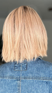 Emily H. @she_sheds_more wearing READY by ELLEN WILLE in color TOFFEE BLONDE ROOTED 27.20 | Dark Strawberry Blonde with Light Strawberry Blonde Blend and Shaded Roots