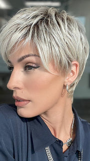 Model is wearing RIN by NORIKO in color MILKY-OPAL | A Blend of Creamy Blonde and White Blonde Rooted with Warm Brown