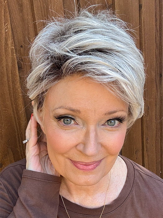 Mel B. @mels.be.ageless wearing RIN by NORIKO in color MILKY OPAL | A Blend of Creamy Blonde and White Blonde Rooted with Warm Brown
