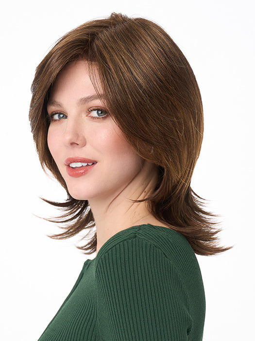 Model is wearing ROSE by ENVY in color CHOCOLATE CARAMEL | Medium Brown with Soft Red and Blonde highlights