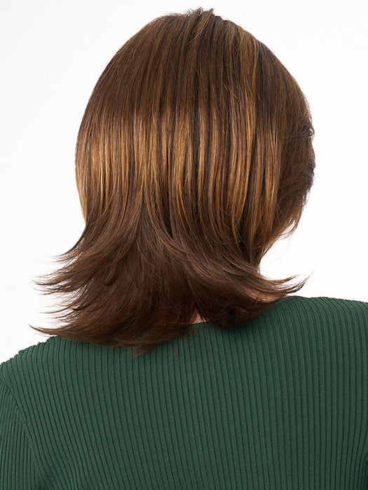 Model is wearing ROSE by ENVY in color CHOCOLATE CARAMEL | Medium Brown with Soft Red and Blonde highlights