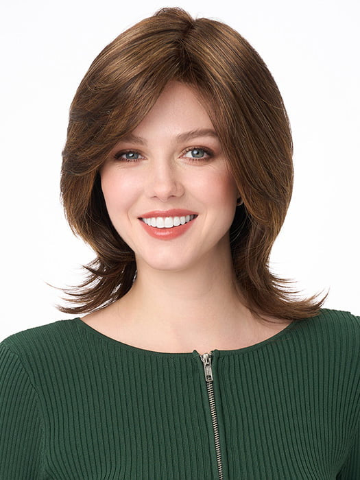 Model is wearing ROSE by ENVY in color CHOCOLATE CARAMEL | Medium Brown with Soft Red and Blonde highlights