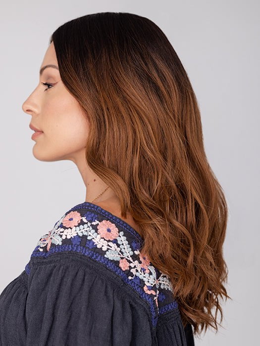 Roxie wearing BALAYAGE BEAUTY by RAQUEL WELCH in RL2/31OM | Black blend from the roots to midlength that transition into a medium light auburn ombré from midlength to the ends