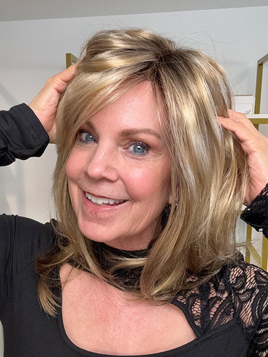 Susan Sparks @sparkles_intheworld wearing SANDRA by JON RENAU in color 12FS8 SHADED PRALINE | Light Gold Brown, Light Natural Gold Blonde & Pale Natural Gold-Blonde Blend, Shaded with Medium Brown