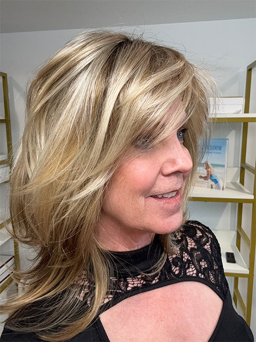 Susan Sparks @sparkles_intheworld wearing SANDRA by JON RENAU in color 12FS8 SHADED PRALINE | Light Gold Brown, Light Natural Gold Blonde & Pale Natural Gold-Blonde Blend, Shaded with Medium Brown