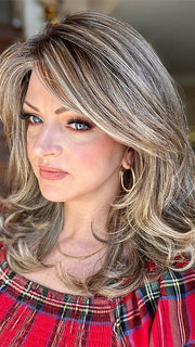 Sandy Holston @i_be_wiggin wearing CURVE APPEAL by RAQUEL WELCH WIGS in color RL12/22SS SHADED CAPPUCCINO | Light Golden Brown Evenly Blended with Cool Platinum Blonde Highlights and Dark Roots