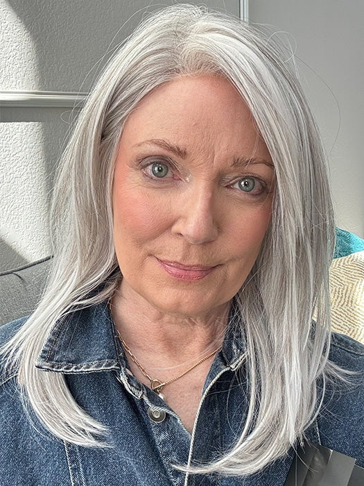 Mel B. @mels.be.ageless wearing SEVILLE by BELLE TRESS in color OYSTER GRAY | A mixture of Lightest Gray and a hint of White