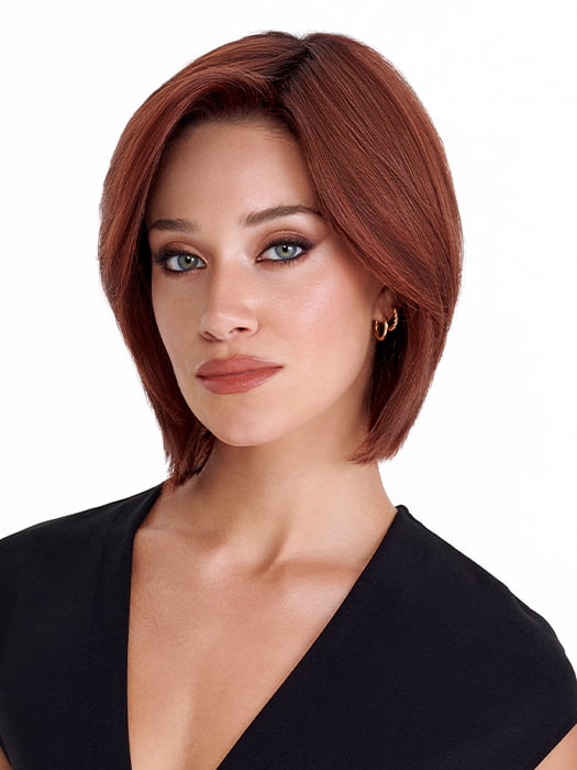 Model is wearing SHEER JOY by TRESSALLURE in color 33/130/R4 | Dark Auburn Bright Auburn Blend Rooted Dark Brown