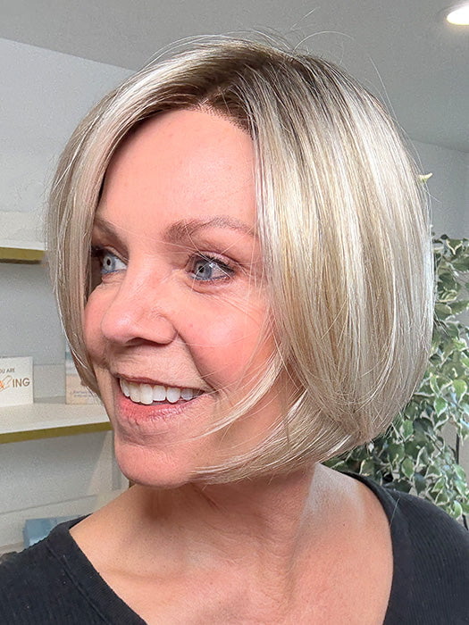 Susan @an_affair_with_hair wearing SHELBY by JON RENAU in color FS17/101S18 PALM SPRINGS BLONDE | Light Ash Blonde with Pure White Natural Violet Bold Highlights, Shaded with Dark Natural Ash Blonde