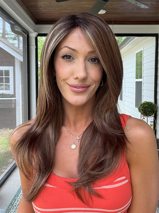 Jenna Fail @jenna_fail wearing SHILO BY NORIKO in ALMOND SPICE-R | Rooted Dark Brown with Medium Brown Base with Honey and Platinum Blonde Highlights