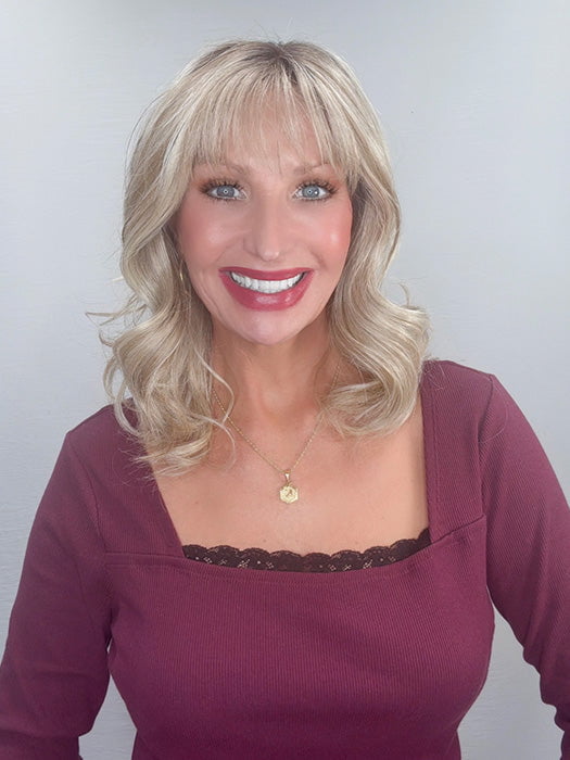 Kim Hammon @letstalkwithkim wearing SIMONE by BELLE TRESS in color BUTTERBEER R | Dark Brown Base and Root that transitions smoothly into a buttery blonde, infused with creamy honey and toffee tones
