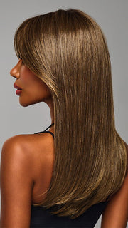 Model is wearing SLEEK SOPHISTICATION by RAQUEL WELCH in color RL8/12SS | Medium Brown shaded with Dark Blonde