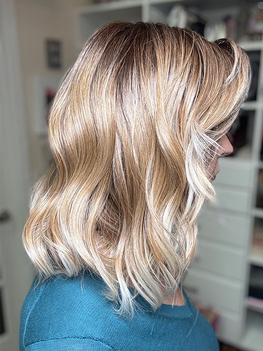 Eileen @crazywiglady is wearing SMOOTH WAVEZ by RENE OF PARIS in color MELTED-MARSHMALLOW | Subtly warm dark sandy blonde blend with medium brown roots and light ash blonde tips and highlights