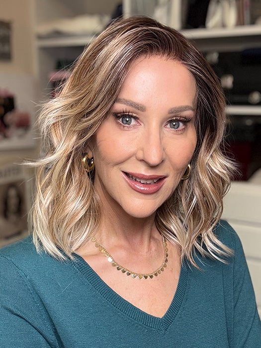 Eileen @crazywiglady is wearing SMOOTH WAVEZ by RENE OF PARIS in color MELTED-MARSHMALLOW | Subtly warm dark sandy blonde blend with medium brown roots and light ash blonde tips and highlights
