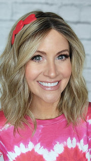 Natalie Gray @vanish.into.thin.hair wearing SOMERS by ESTETICA in color RH12/26RT4 | Light Brown with Chunky Golden Blonde Highlights & Dark Brown Roots (styled with headband - not included)