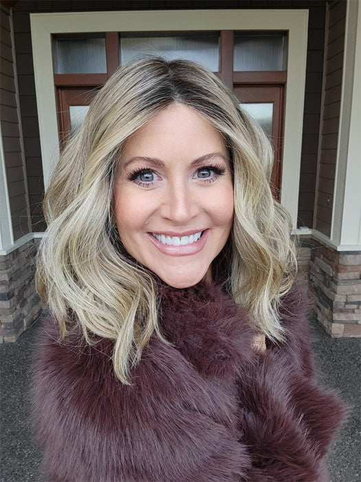 Natalie Gray @vanish.into.thin.hair wearing SOMERS by ESTETICA in color RH12/26RT4 | Light Brown with Chunky Golden Blonde Highlights & Dark Brown Roots