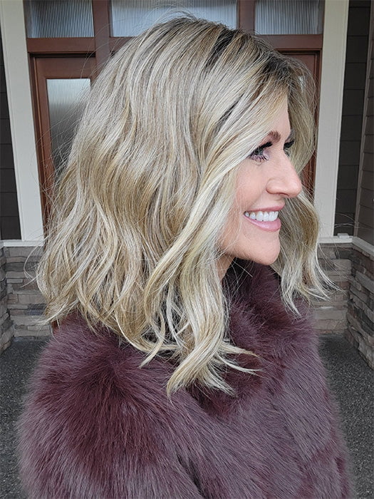 Natalie Gray @vanish.into.thin.hair wearing SOMERS by ESTETICA in color RH12/26RT4 | Light Brown with Chunky Golden Blonde Highlights & Dark Brown Roots