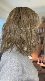 Eileen @crazywiglady is wearing SOMERS by ESTETICA in color RH12/26RT4 | Light Brown with Chunky Golden Blonde Highlights & Dark Brown Roots