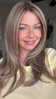 Rayann @50shadesofraaayyy wearing SPEARS by BELLE TRESS in color BROWN SUGAR BLONDE-R | A warm, dimensional blend of medium brown and golden blonde highlights with natural-looking darker roots for depth and a sun-kissed finish.