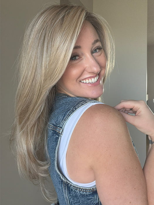 Carlyn @carlynwilson84 wearing SPEARS by BELLE TRESS in color BUTTERCAKE BLONDE-R | A neutral-warm blonde blend featuring light brown, ash, and lightest blonde tones with natural-looking darker roots for added depth and realism.