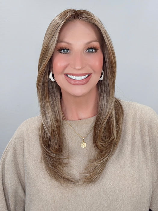 Kim Hammon @letstalkwithkim wearing SPEARS by BELLE TRESS in color BROWN SUGAR BLONDE-R | A warm, dimensional blend of medium brown and golden blonde highlights with natural-looking darker roots for depth and a sun-kissed finish.