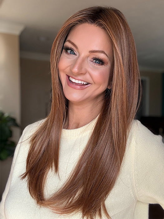 Sandy @i_be_wiggin wearing STAY OUT LATE by GABOR in color GF29-33SS ICED PUMPKIN SPICE | Strawberry Blonde shaded with Dark Red-Brown