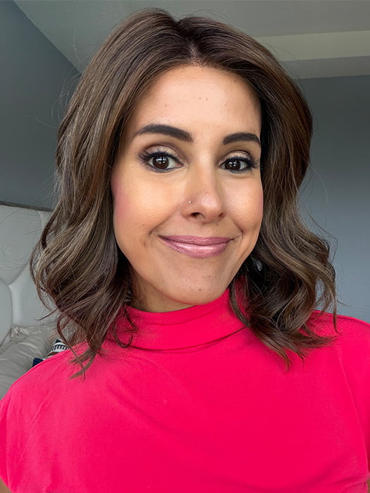 Lorena @faux.hurr.lifee wearing STREEP by BELLE TRESS in color HAVANA BROWN R | A rich, medium neutral brown with minimal warm tones, offering a natural, sophisticated look. Softly rooted for added depth.