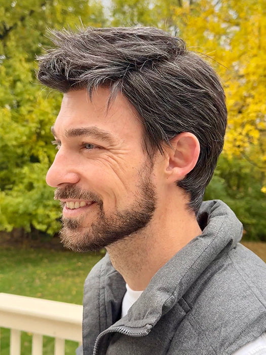 Model is wearing STYLE by HIM in color M280S - Darkest Brown With 20% Grey Blend