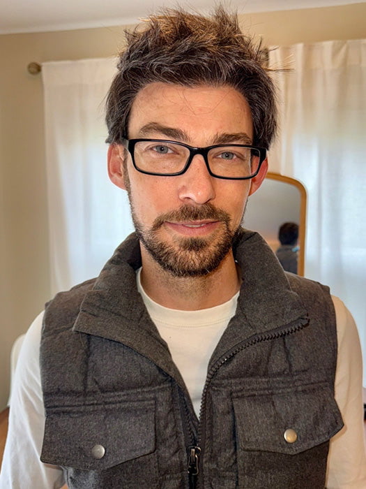 Model is wearing STYLE by HIM in color M280S - Darkest Brown With 20% Grey Blend