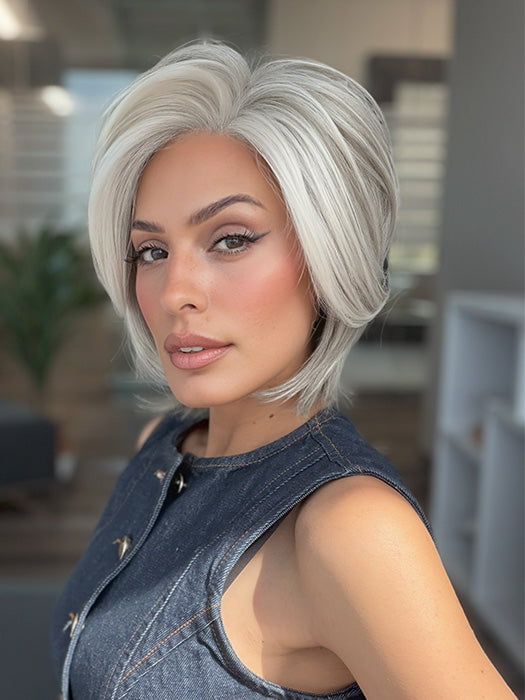 Model is wearing TAILORED ALLURE by RAQUEL WELCH in color TAILORED ALLURE in color RL51/61 ICED GRANITA | Lightest Grey Progresses to a Deep Grey at the Nape