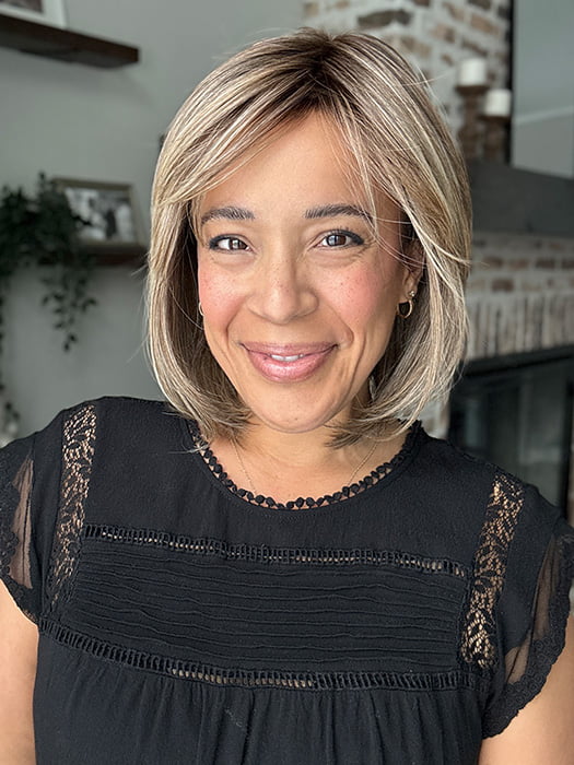 Brea @getwiggywithbrea wearing TIMELESS CHARM by RAQUEL WELCH in color SS12/22 SHADED CAPPUCCINO | Light Golden Brown Evenly Blended with Cool Platinum Blonde Highlights and Dark Roots