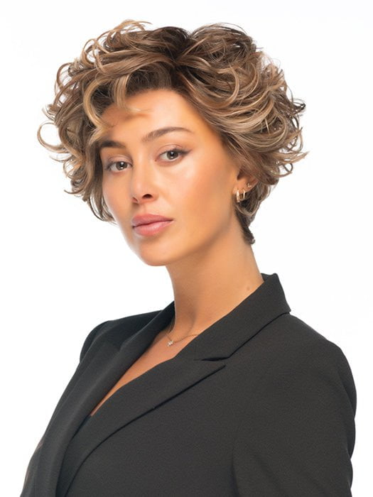 TWISTED PIXIE in color EL17/23/R8 | Pale Auburn Beige Blonde Blend, Rooted Medium Brown, Highlighted Light Blonde with face framimg highlights